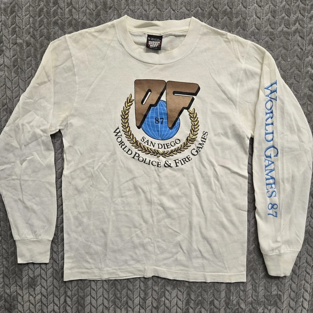 VTG 1987 World Police Fire‎ Games San Diego LS T-Shirt & Shorts White Medium